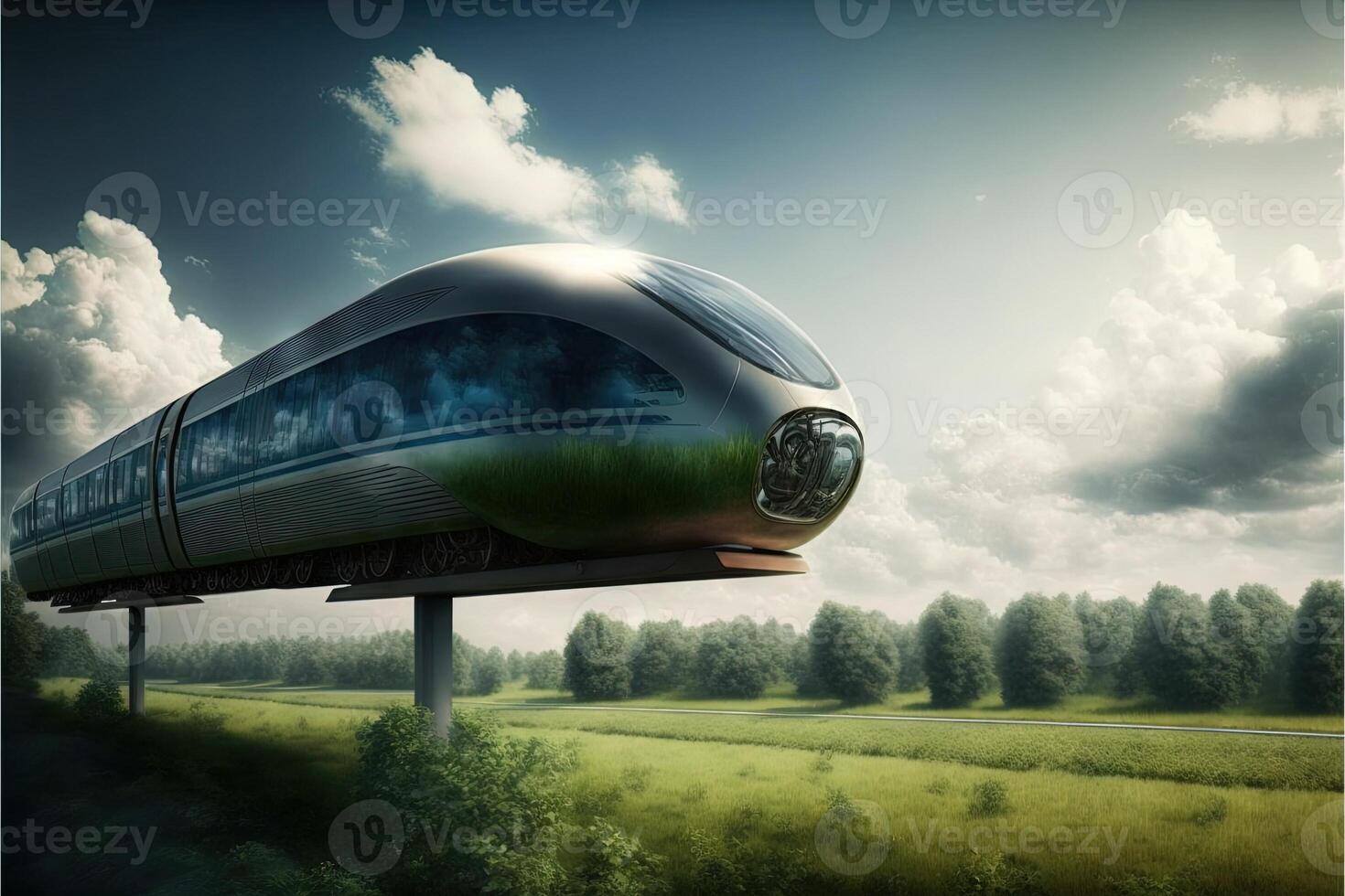 concepto de magnético levitación tren Moviente en el cielo ilustración generativo ai foto