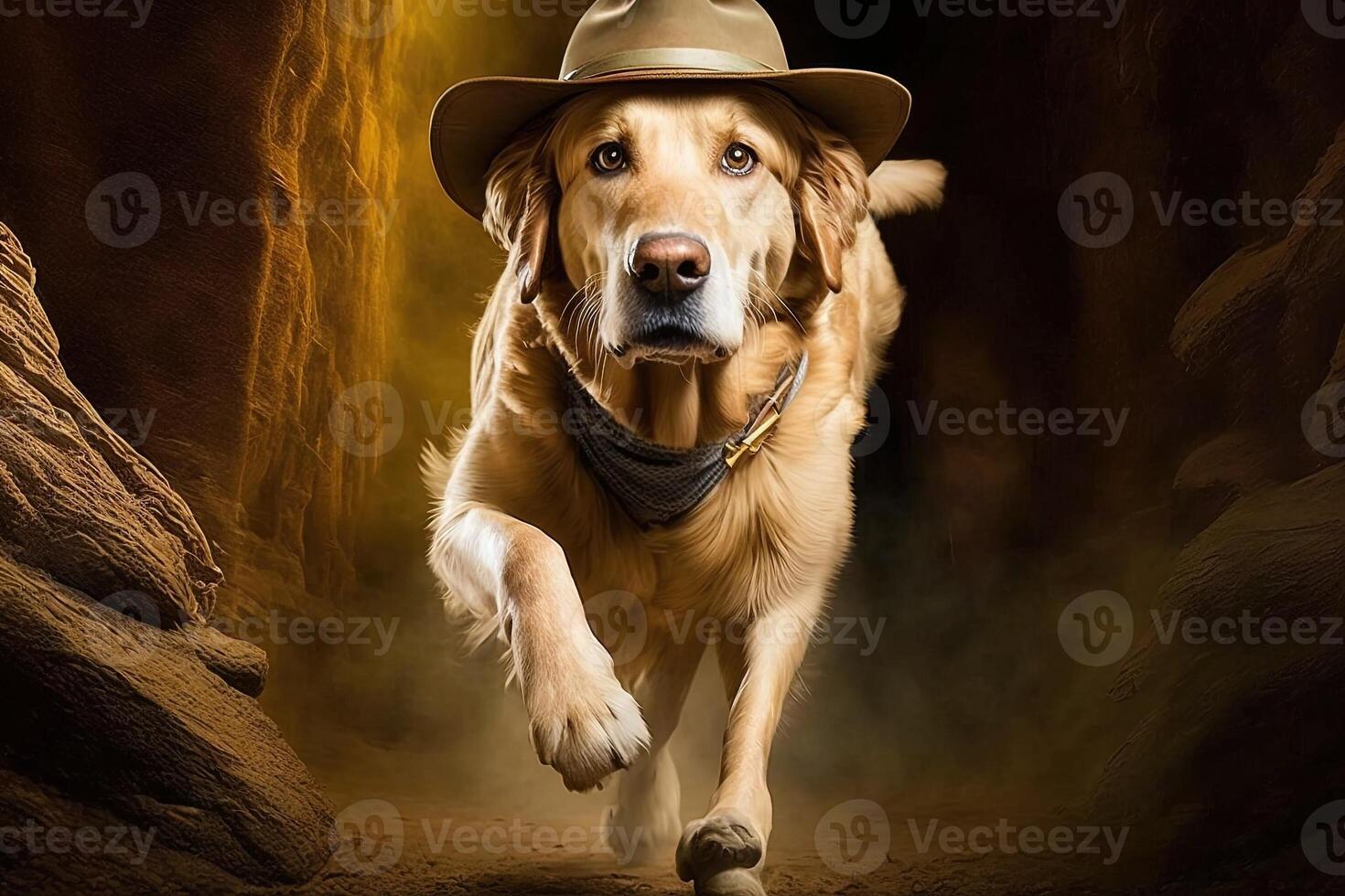 Golden Retriever Dog archeologist with hat and whip escaping from danger illustration photo