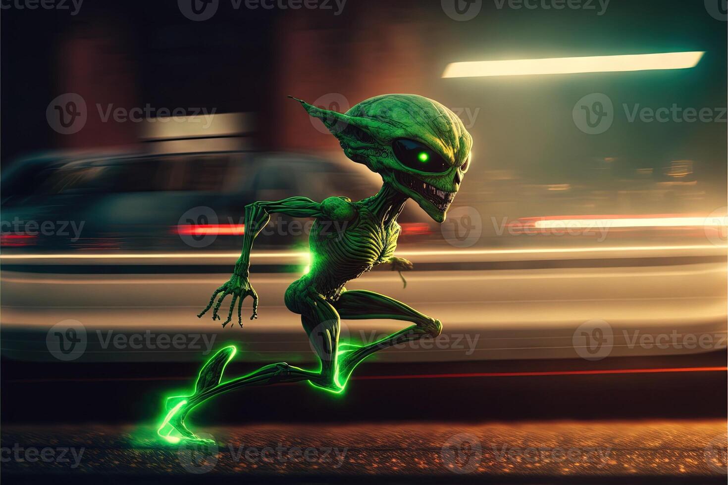 green Alien running at lightspeed illustration photo