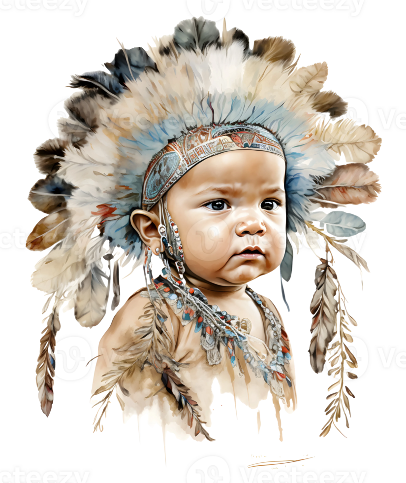 Native american kid with feather crown watercolor, png