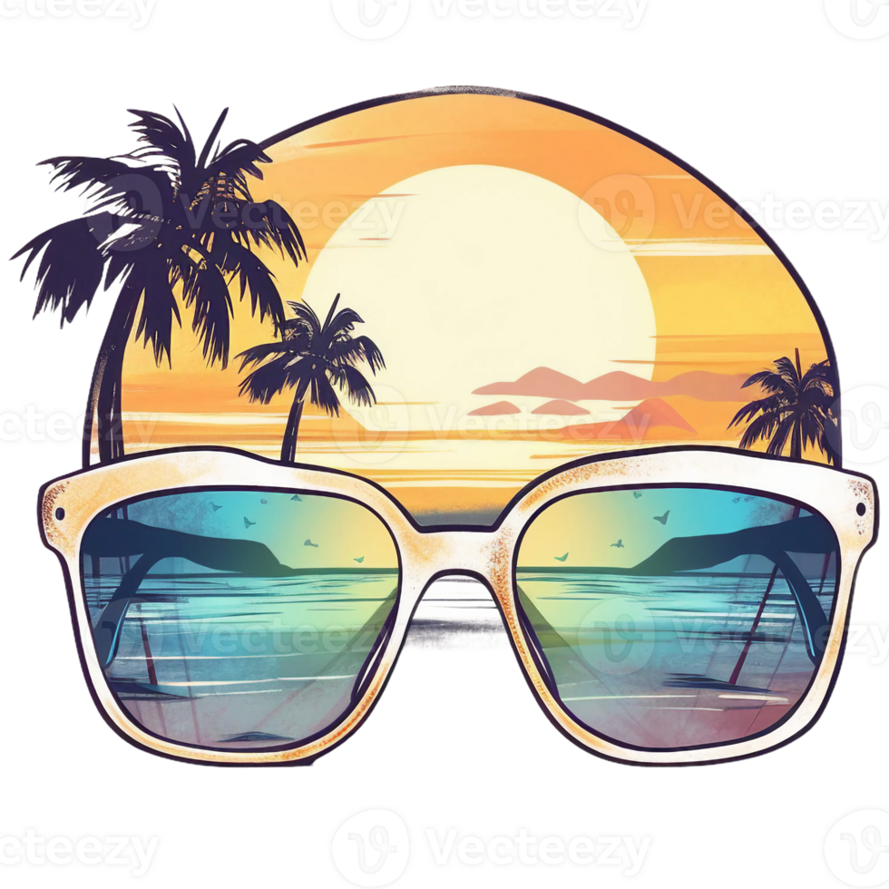 Retro tropical beach summer scene with sunglass and palm tree, watercolor, png