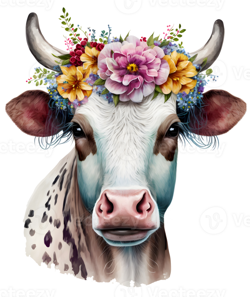 vache tête avec fleurs isolé, ai génératif png