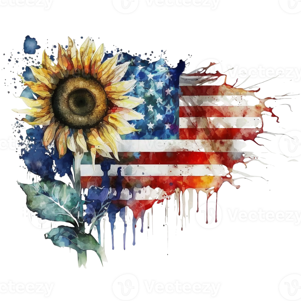 waterverf zonnebloem met Amerikaans vlag, 4e van juli, ai generatief png