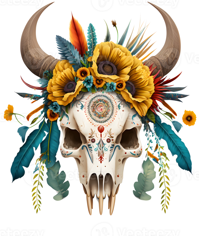 toro cráneo con flores, boho y gótico estilo, aislado ai generativo png