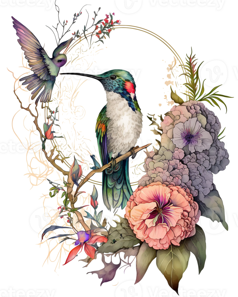 Hummingbird with flowers watercolor illustration, png