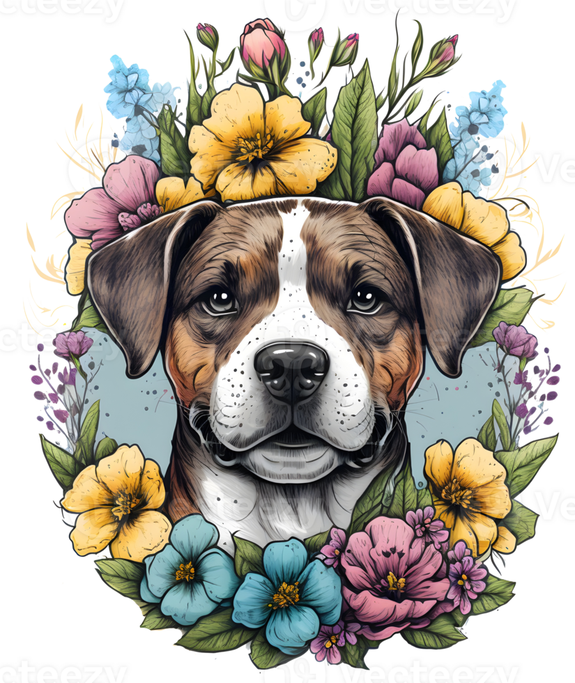 puppy with flowers, dog head with flowers, isolated, png