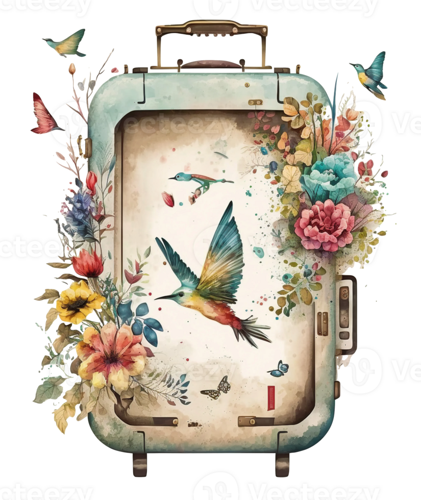 watercolor vintage suitcase with floral design, png