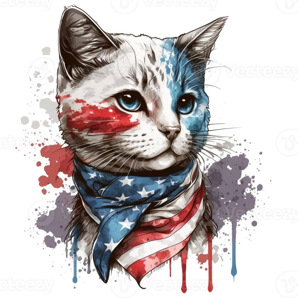 Watercolor Cat with USA flag, 4th of July element, png