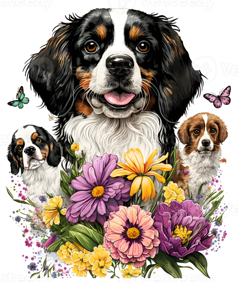 puppy with flowers, dog head with flowers, isolated, png