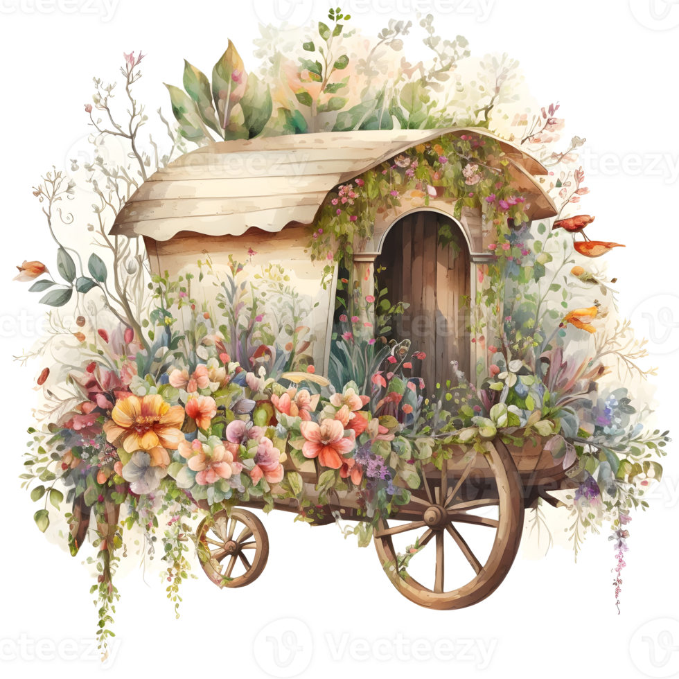 vintage carriage with flowers, wheelbarrow with flowers, isolated,, png