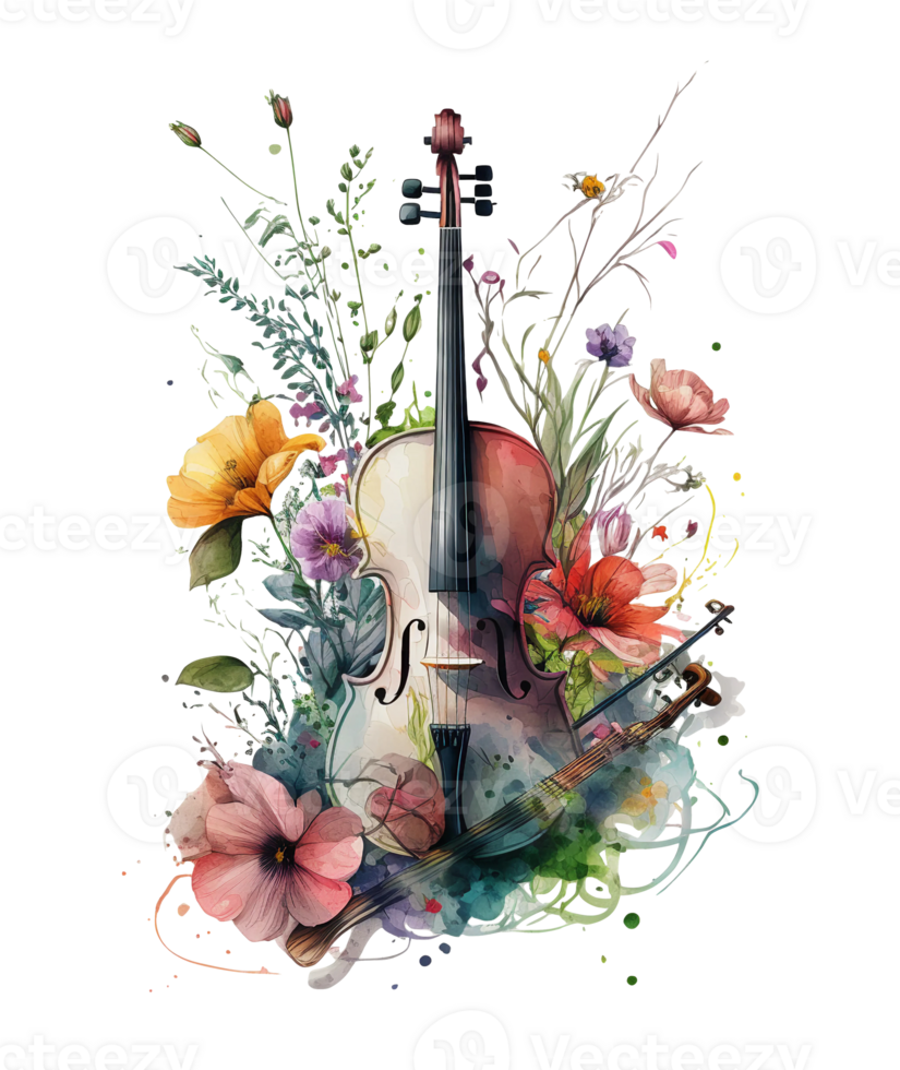 Violin covered with colorful flowers. watercolor graphics, png