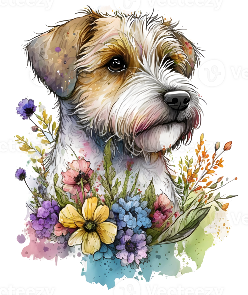 cucciolo con fiori, cane testa con fiori, isolato, ai generativo png