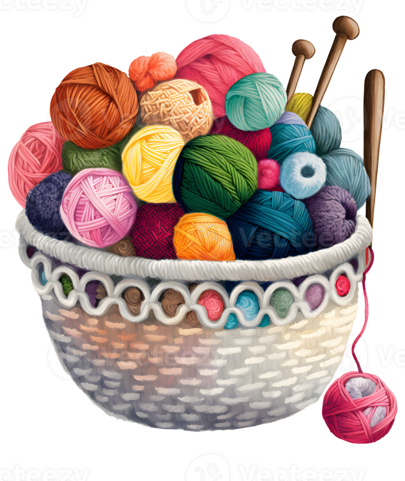 basket of yarn and needles, watercolor, isolated, png