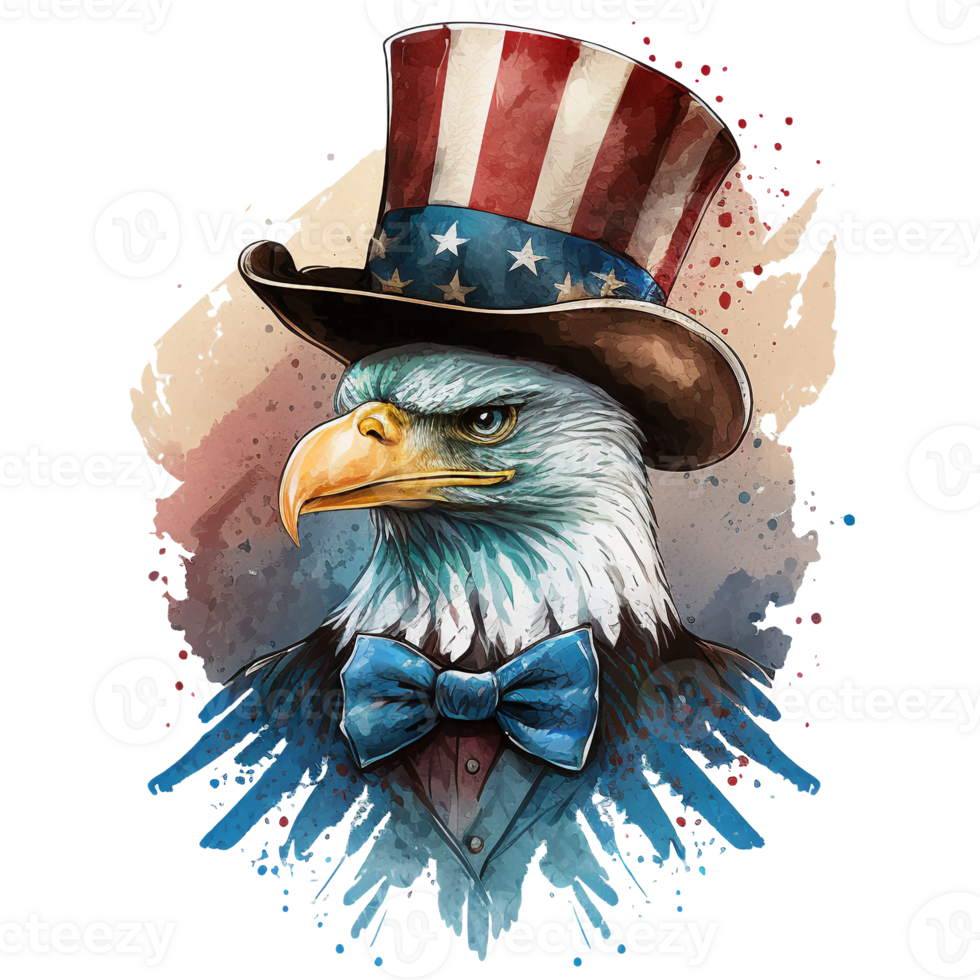 waterverf patriottisch kaal Amerikaans adelaar met hoed, 4e van juli element, ai generatief png