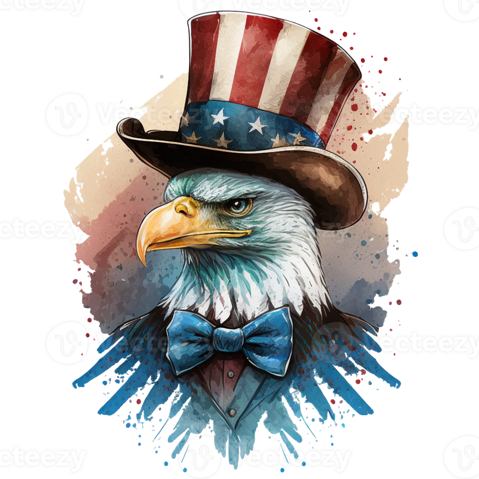 Watercolor patriotic bald american eagle with hat, 4th of July element, png