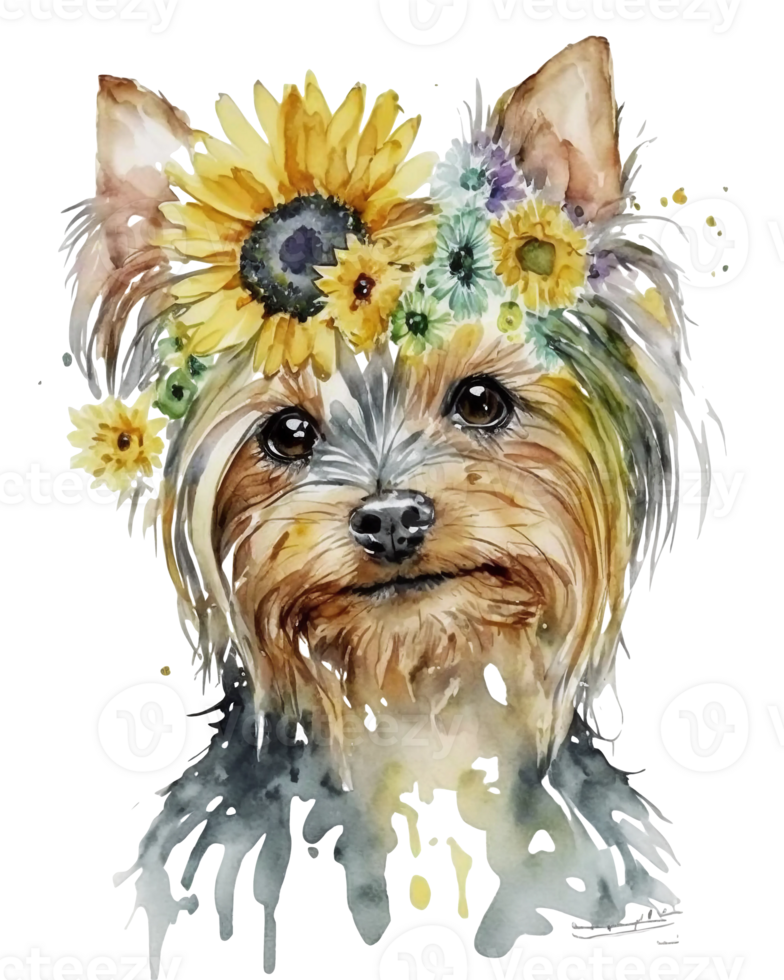 watercolor illustration of a Yorkshire terrier dog with sunflower on head, png