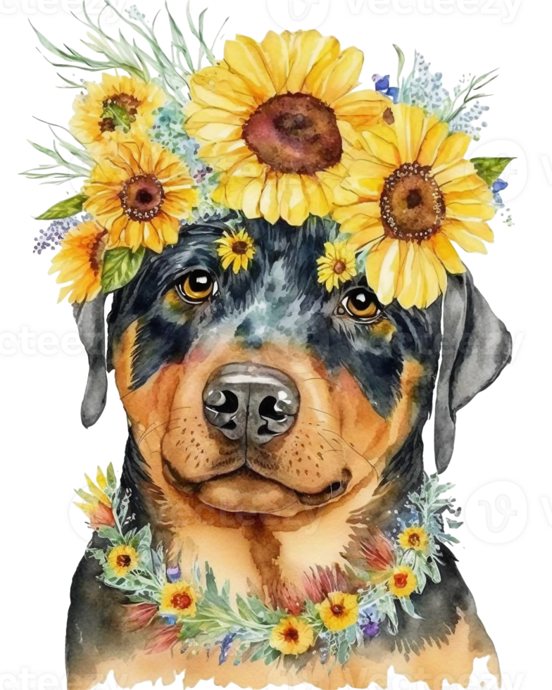 watercolor illustration of Rottweiler dog with sunflower on head, png