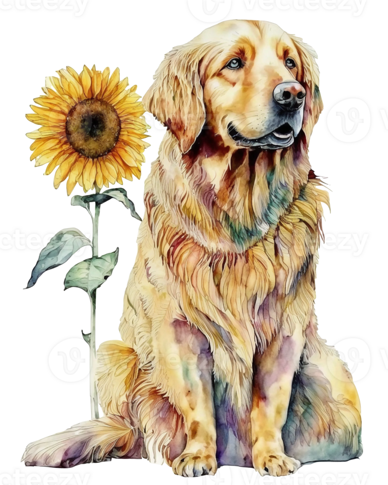 dourado retriever cachorro com girassol aguarela ilustração, ai generativo png