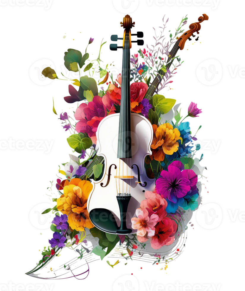 Violin covered with colorful flowers. watercolor graphics, png