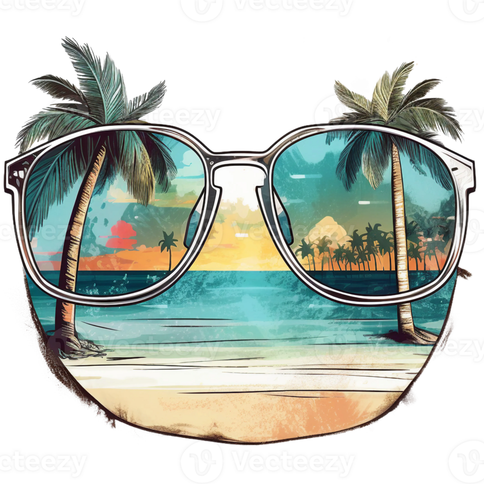 Retro tropical beach summer scene with sunglass and palm tree, watercolor, png