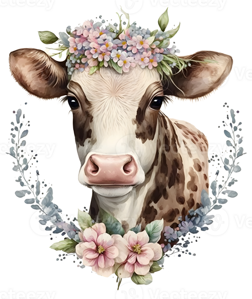 cow head with flowers isolated, png