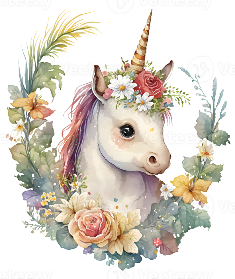 cute unicorn in the middle of lots of sunflowers, rose, wild flowers around, isolated, png