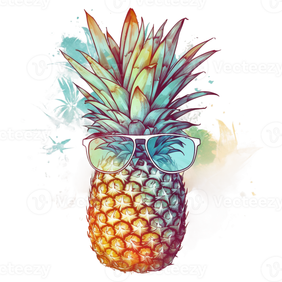 Retro pineapple with sunglass, summer season, watercolor, png