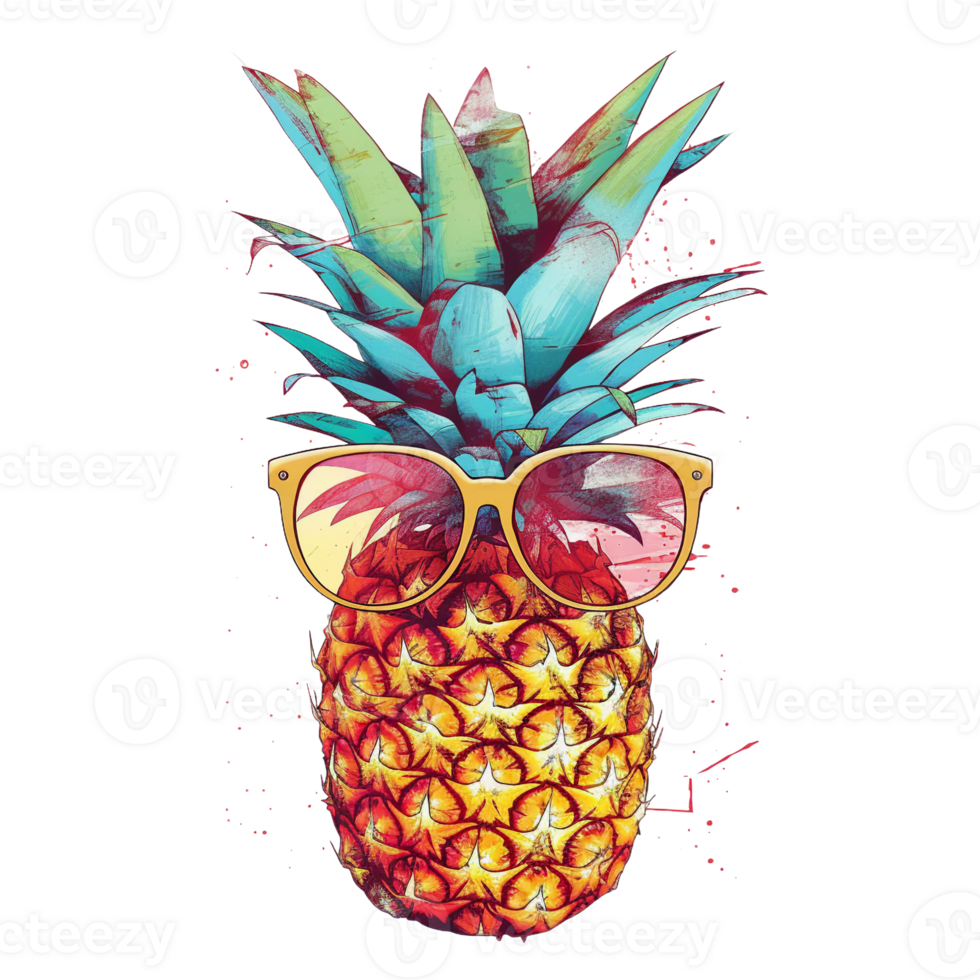 retro ananas met zonnebril, zomer seizoen, waterverf, ai generatief png