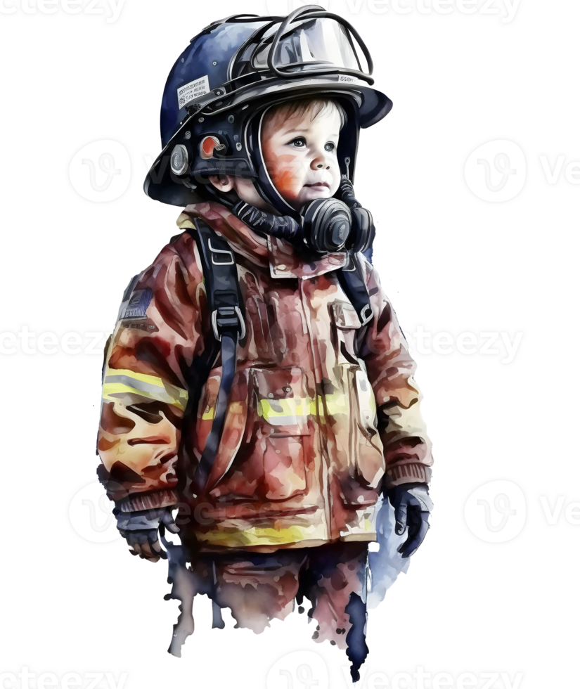 watercolor firefighter kid illustration, png