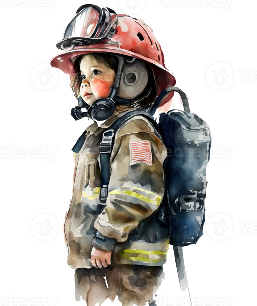 watercolor firefighter kid illustration, png