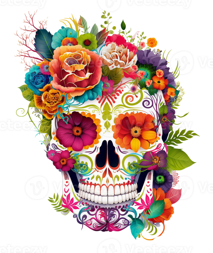 skull with flowers isolated, png