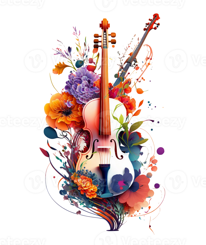 Violin covered with colorful flowers. watercolor graphics, png