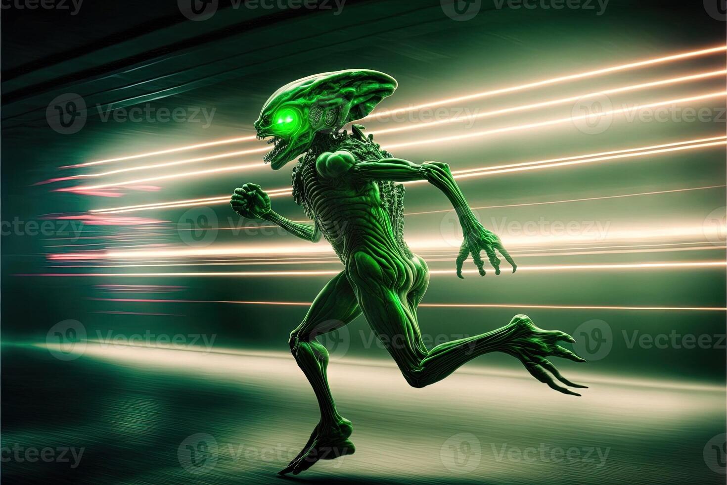 green Alien running at lightspeed illustration photo