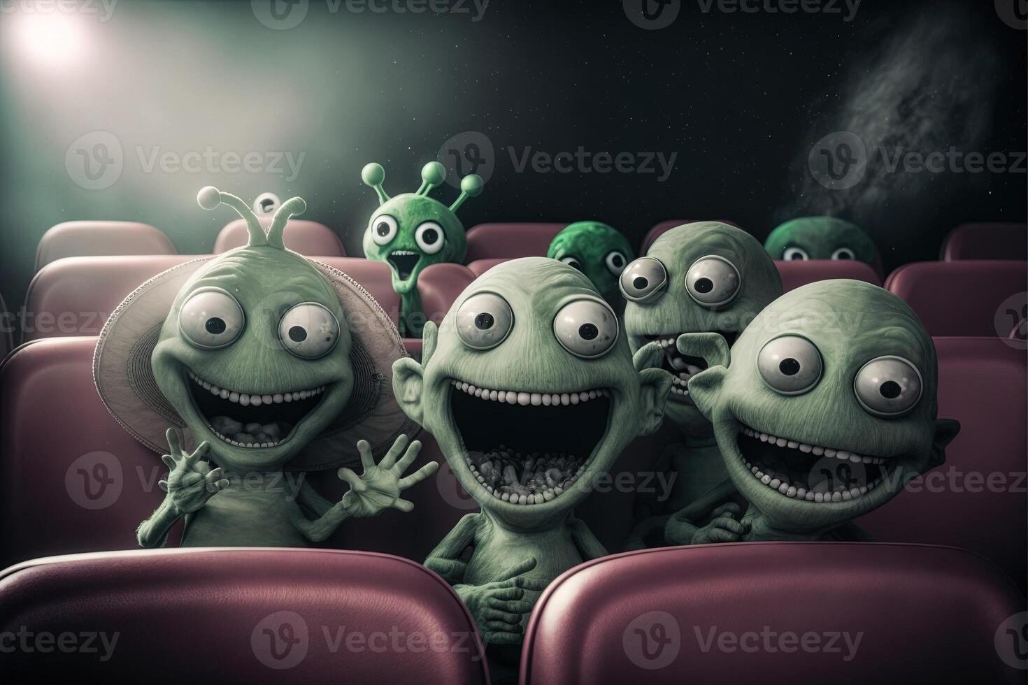 Group of aliens visiting Earth and trying to understand human emotions, with one alien crying at a romantic movie and another alien laughing at a bad joke illustration photo