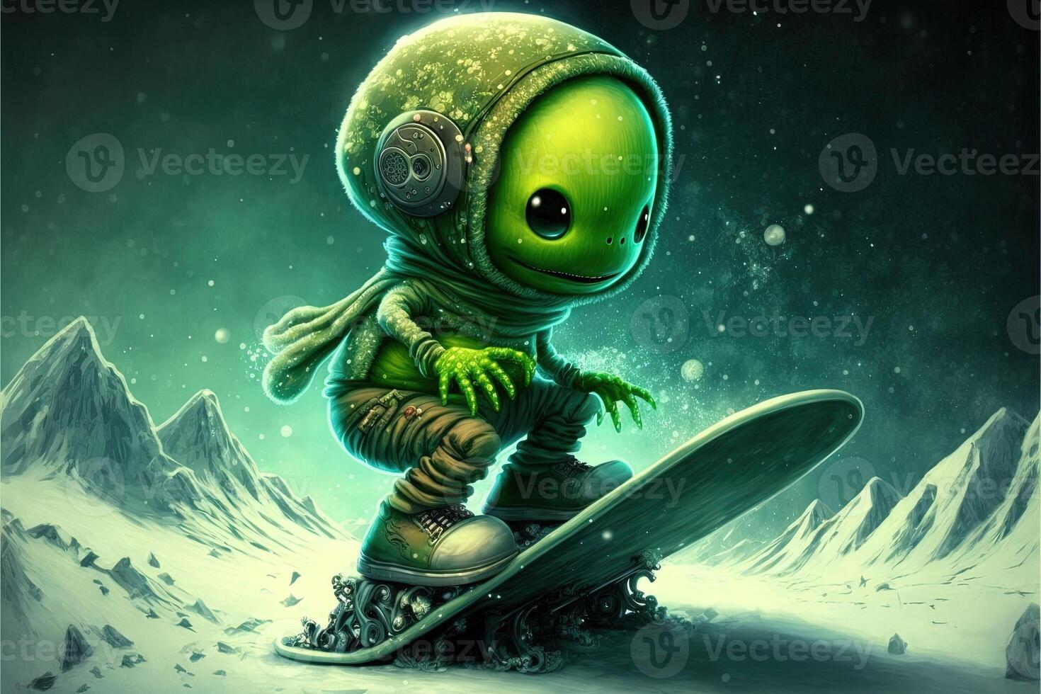 linda verde extraterrestre Snowboarding ilustración generativo ai foto