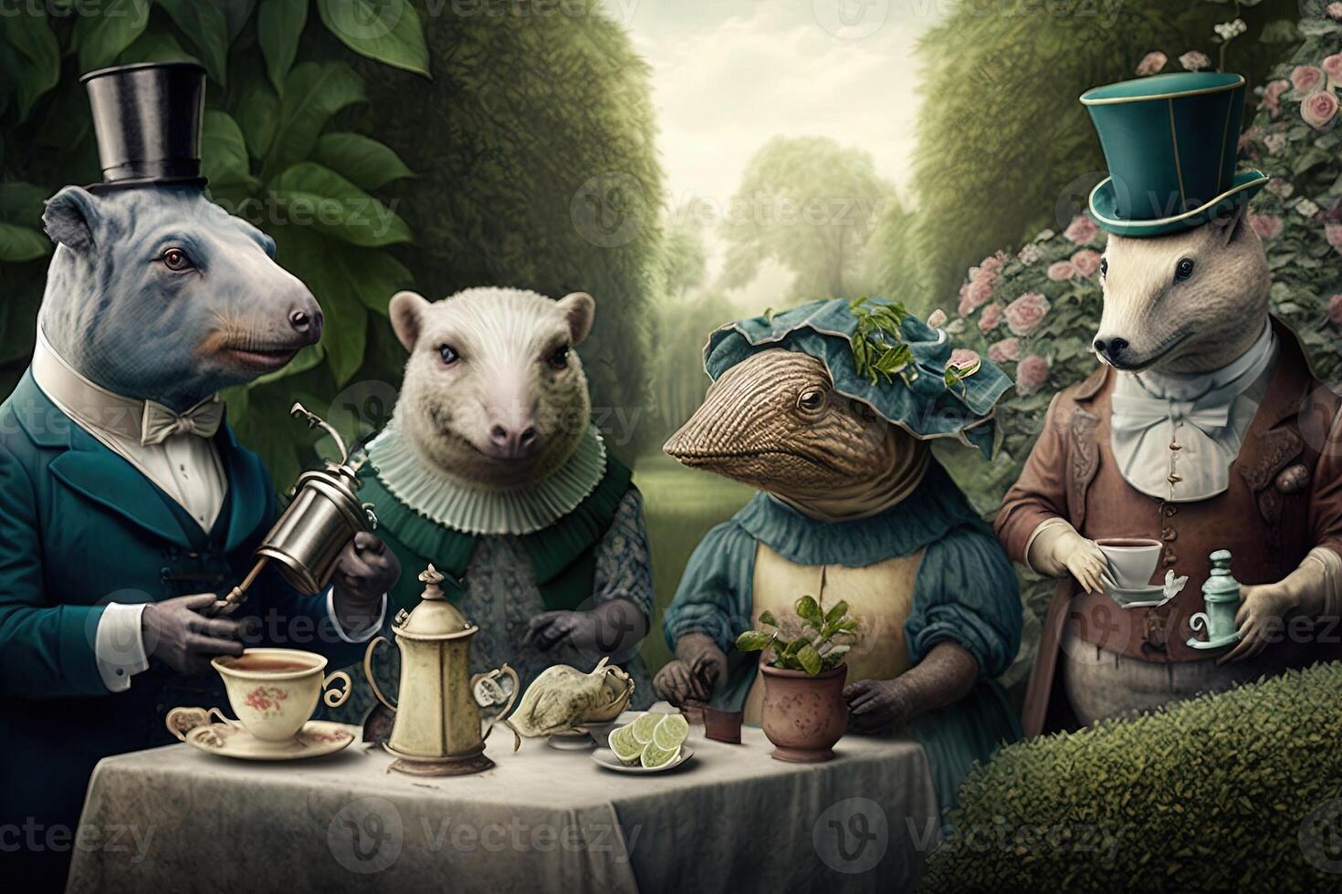 animals dressed in victorian era clothing illustration photo