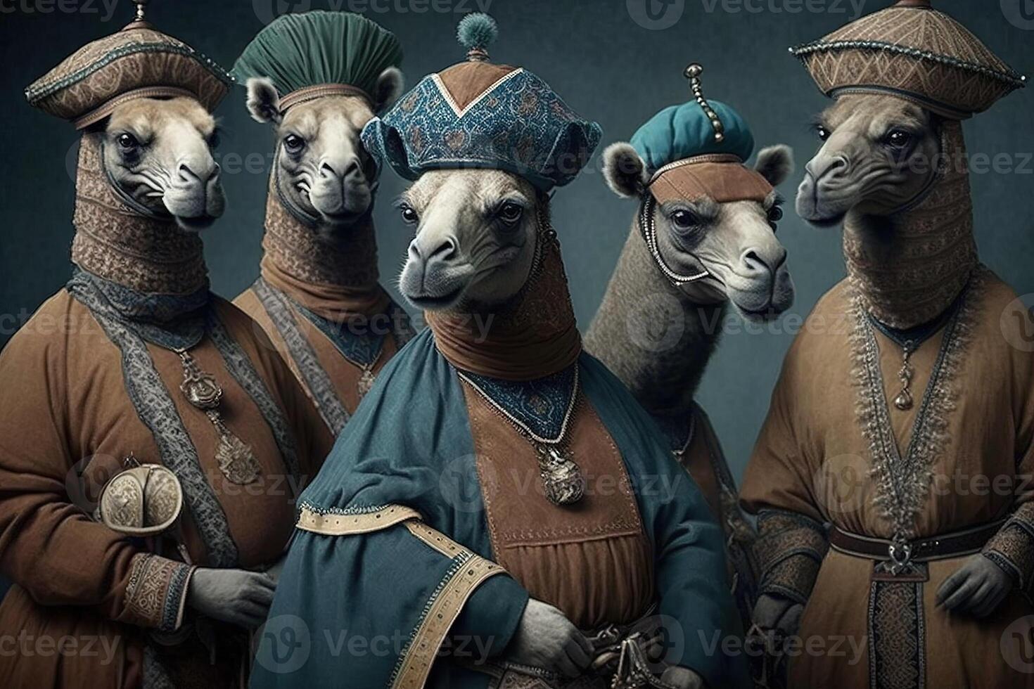 Camels animals dressed in victorian era clothing illustration photo