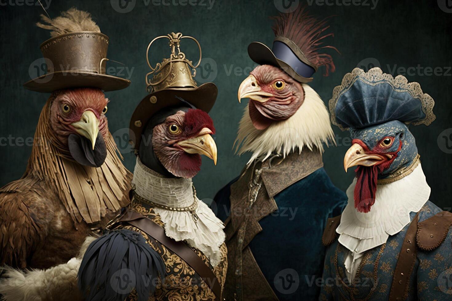 chickens and roosters animals dressed in victorian era clothing illustration photo