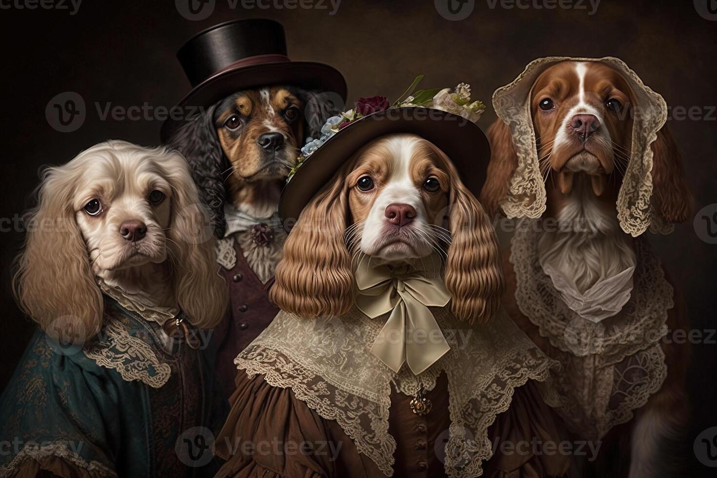 cocker spaniel dogs as animals dressed in victorian era clothing illustration photo