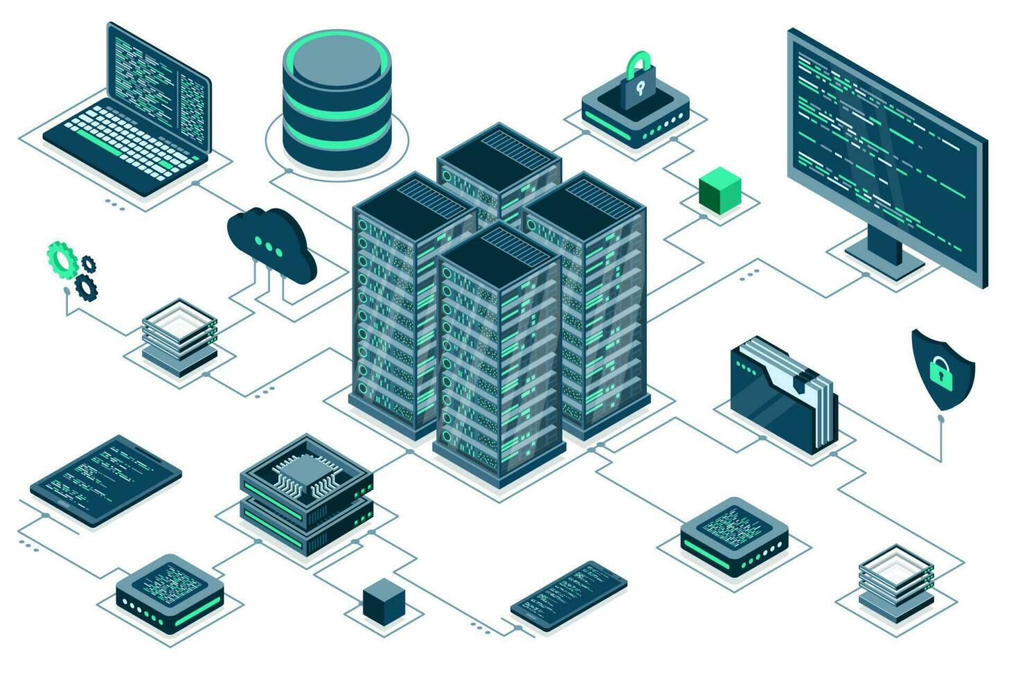 Computer technology isometric illustration. Computation of big data center. Cloud computing. Online devices upload and download information. Modern 3d isometric vector illustration