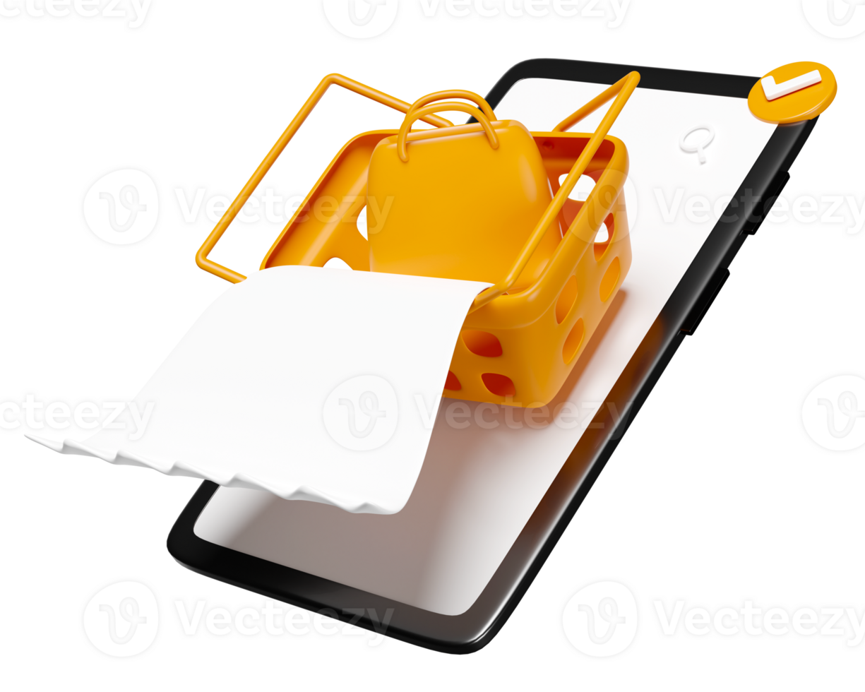3d mobile phone with shopping cart, basket, paper receipt isolated. promotion, discount sales for shopping online, invoice, electronic bill, 3d illustration render png