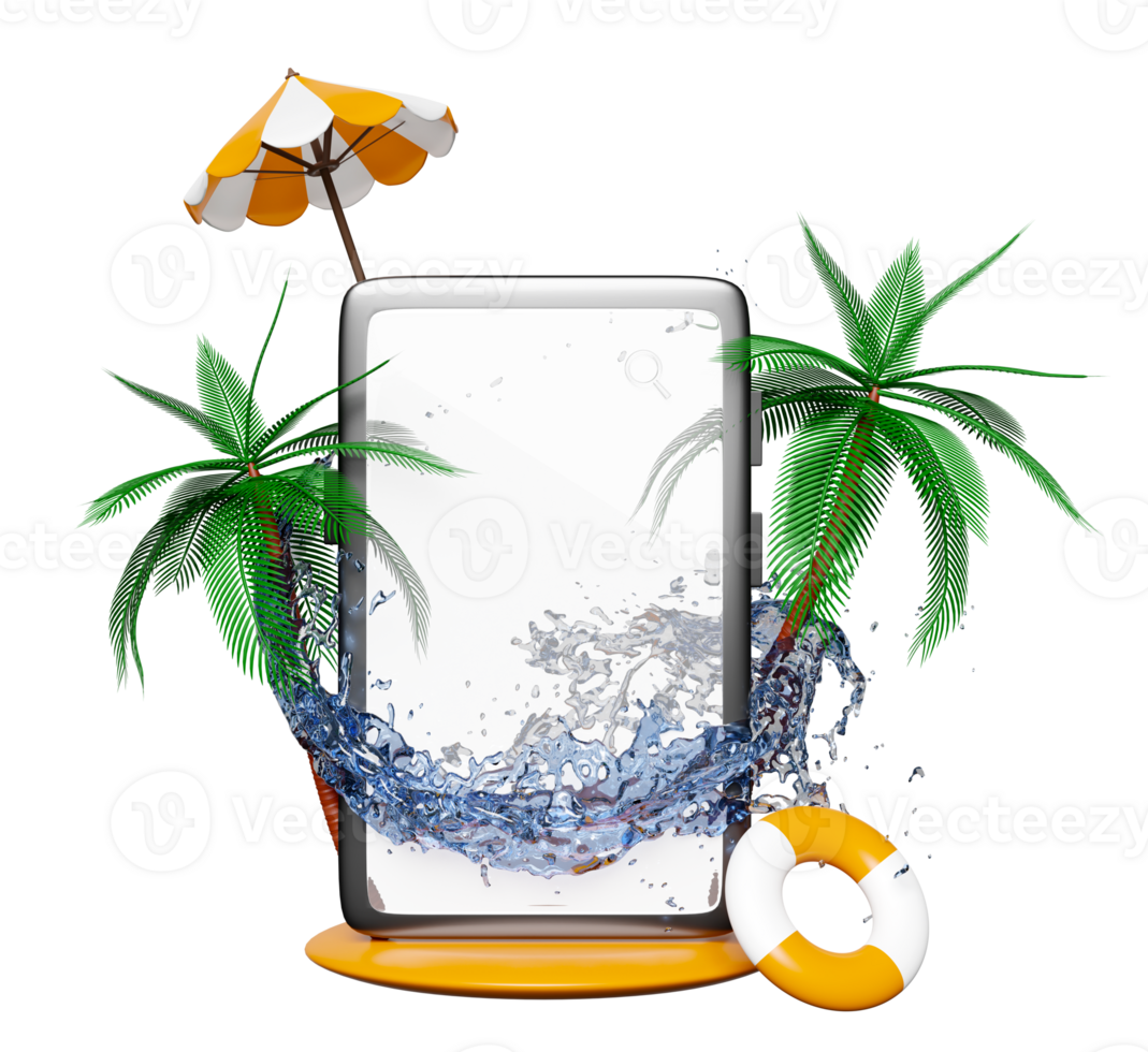 mobile phone or smartphone with water splash, palms, search magnifying, umbrella, lifebuoy isolated. online shopping, summer travel vacation concept, 3d render illustration png