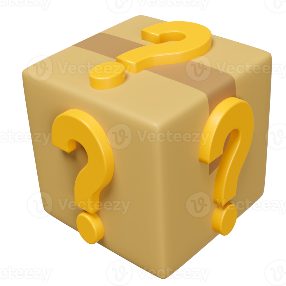 3d goods cardboard box with orange question mark symbol icon isolated. FAQ or frequently asked questions, minimal concept, 3d render illustration png