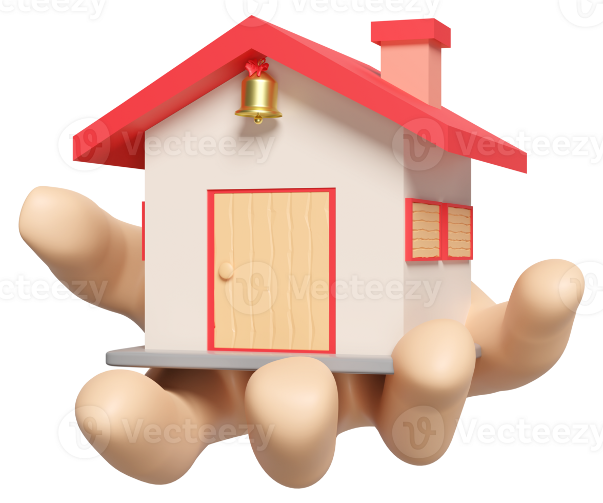3d cartoon hands holding red house isolated. 3d render illustration png