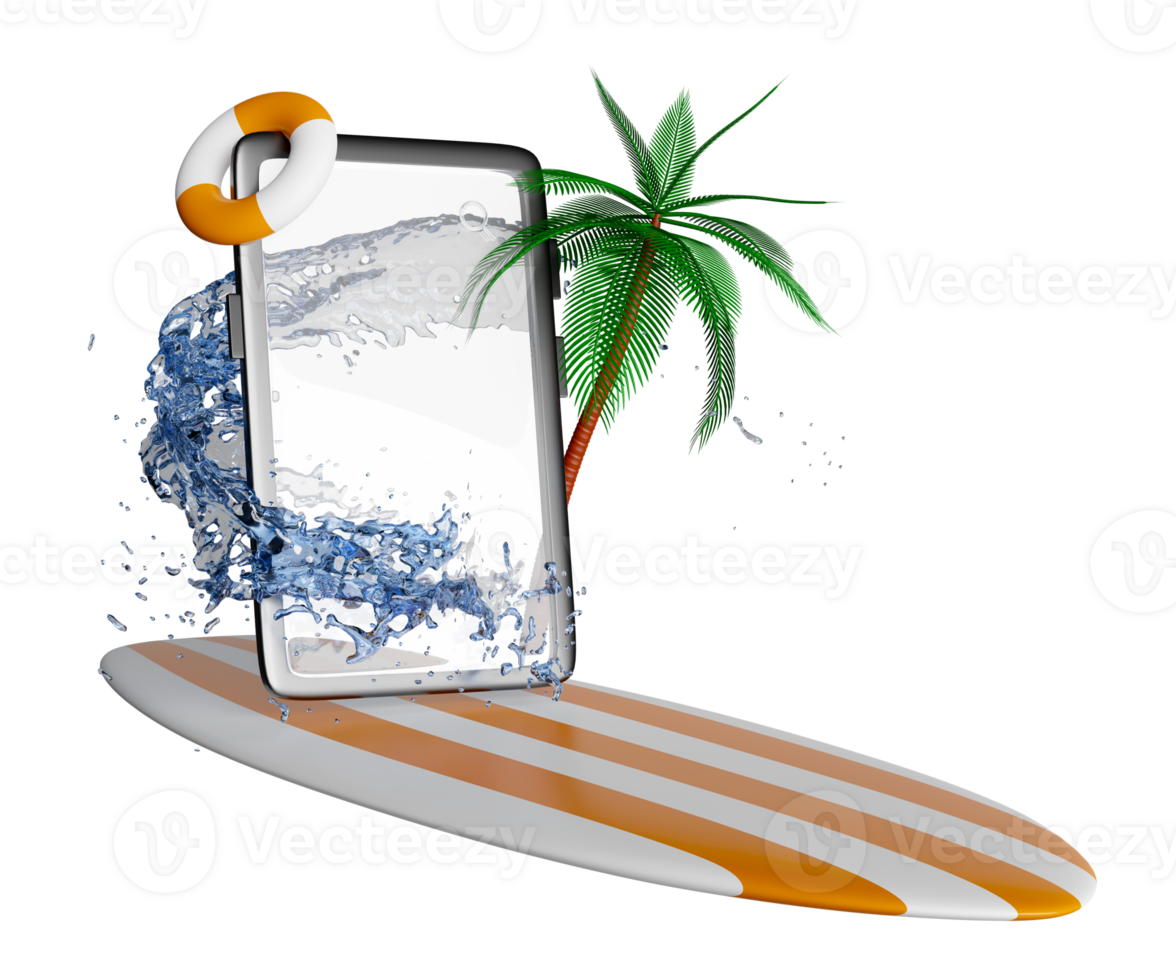 mobile phone or smartphone with water splash, palms, search magnifying, surfboard, lifebuoy isolated. online shopping, summer travel vacation concept, 3d render illustration png