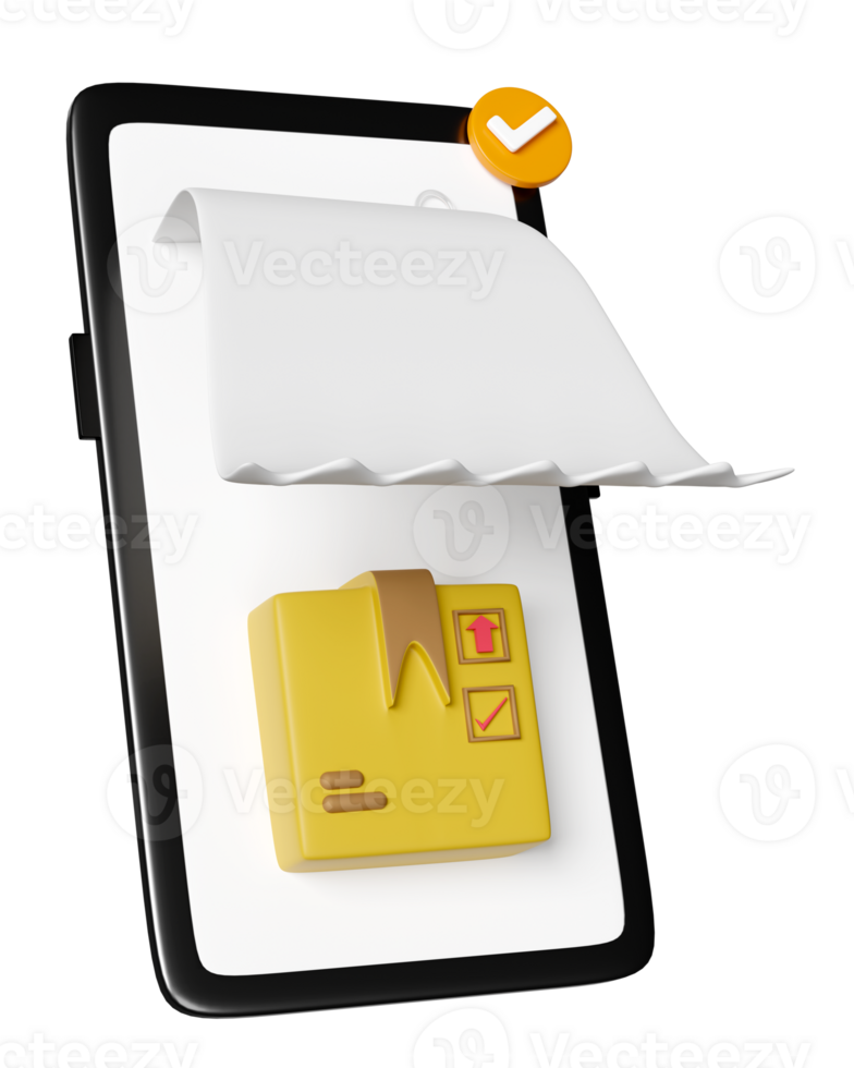 mobile phone, smartphone with delivery receipt, goods cardboard box isolated. online shopping, search data order tracking concept, 3d illustration or 3d render, clipping path png