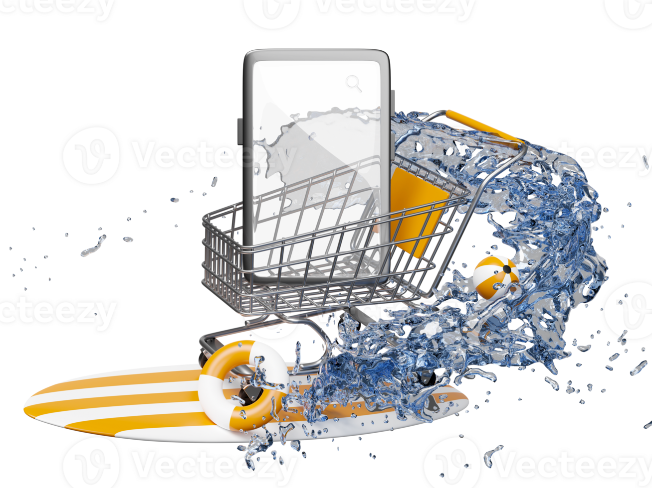 mobile phone or smartphone with shopping carts, basket, water splash, lifebuoy, surfboard isolated. online shopping, summer travel vacation concept, 3d illustration or 3d render png