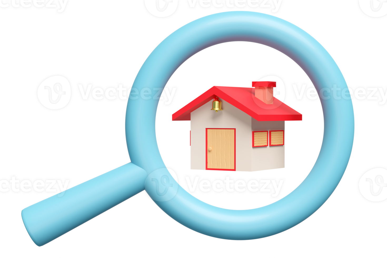3d red house with magnifying glass icon isolated. online shopping, search data, Buying a house, renting, the desired location concept, 3d render illustration png