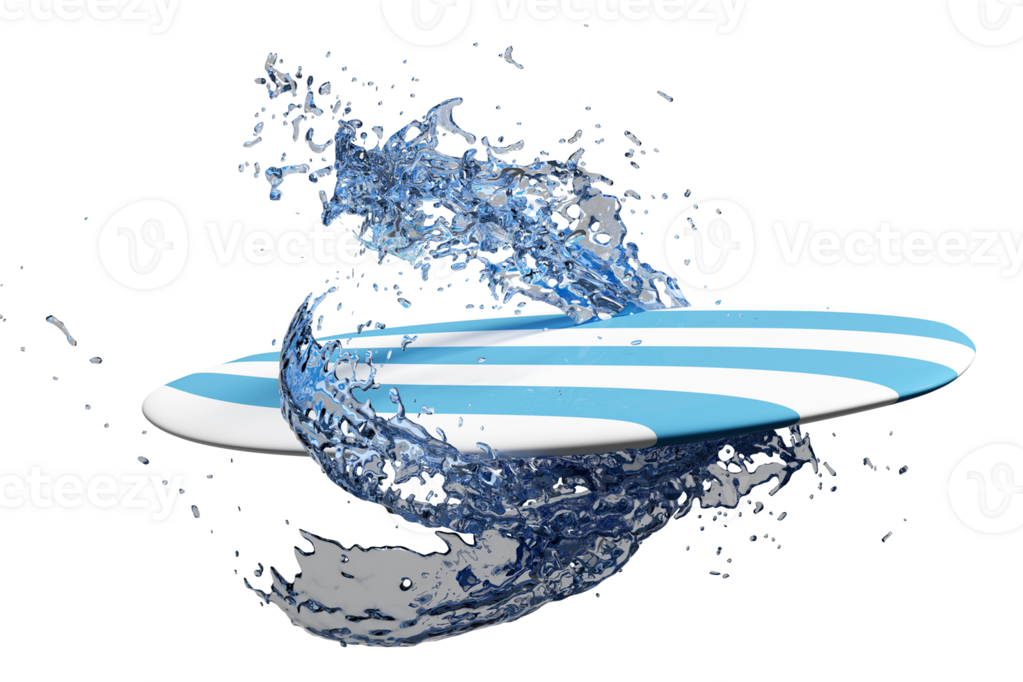 blue surfboard with water splash isolated. summer travel concept, 3d illustration or 3d render png