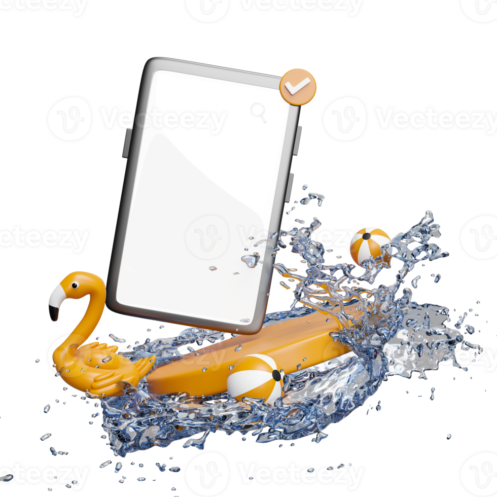 3d hand holding smartphone with water splash, flamingo, podium isolated. hand using mobile phone, online shopping, summer travel vacation concept, 3d render illustration png